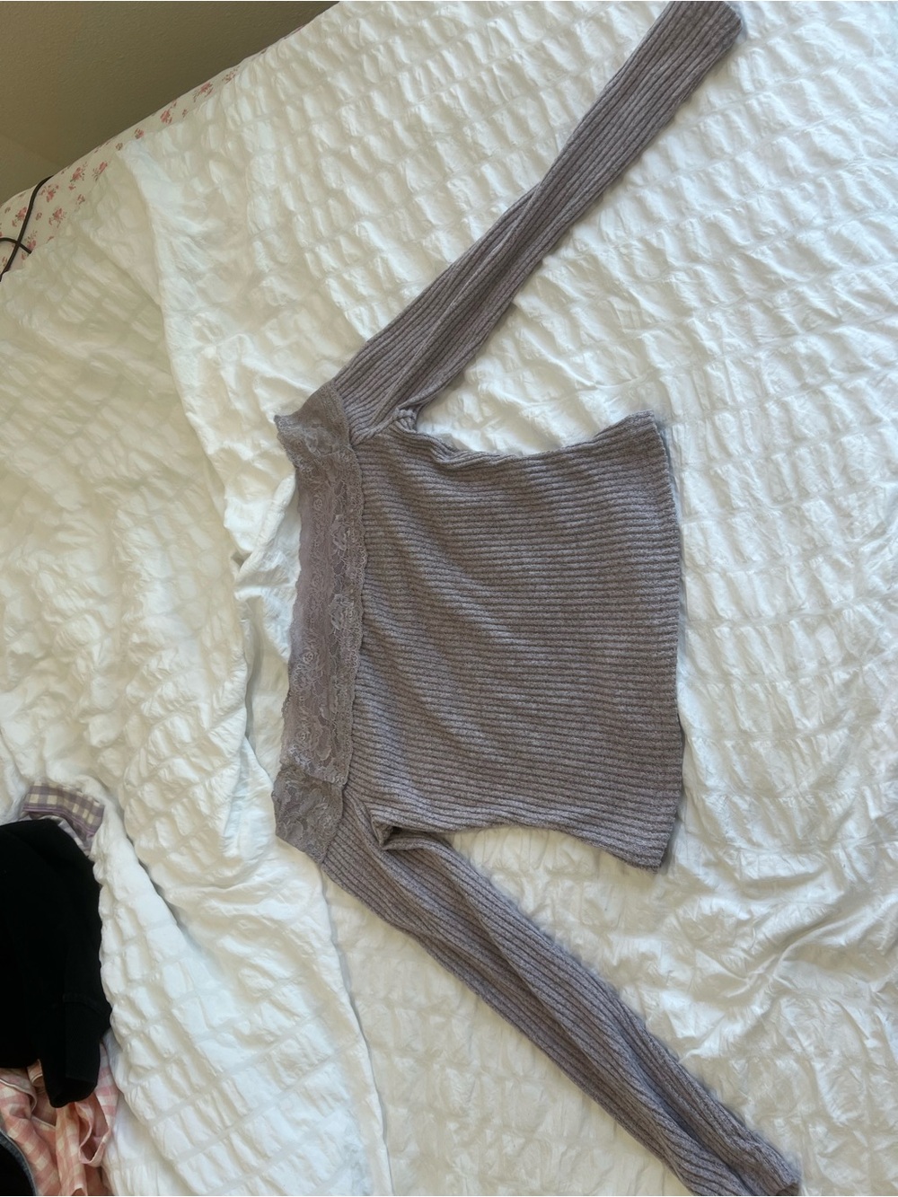 Ribbed Off-Shoulder Lace Trim Sweater Top - Mauve